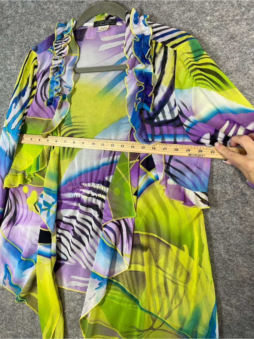 VTG City Girl Y2K Silk Ruffle Cardigan Neon Abstract Medium Resort Boho Festival - Picture 10 of 16